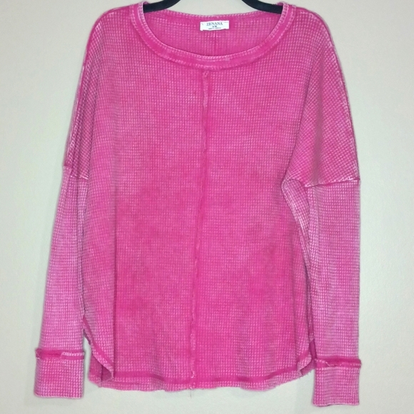 Zenana Hot Pink Mineral Wash Waffle Crew Neck - Picture 2 of 4
